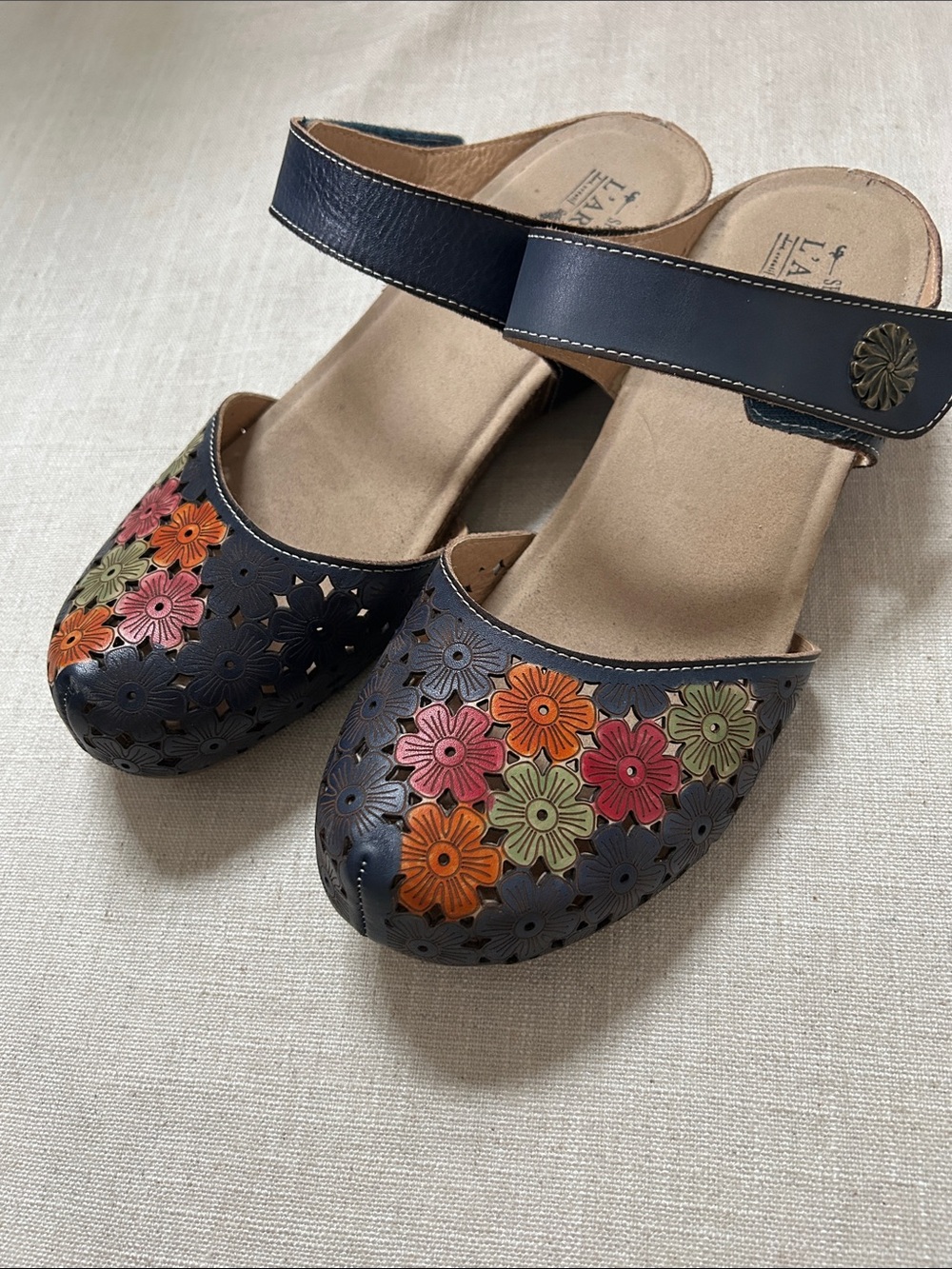 Spring Step L'artiste Spikey Floral Sandal Navy SZ 42 Leather Comfort Mary Jane